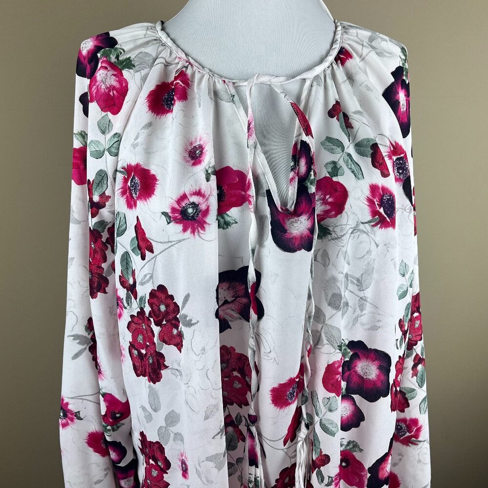 Daisy Fuentes Long Sleeve Blouse Size XL Dark Pink Gray White Large Floral Print